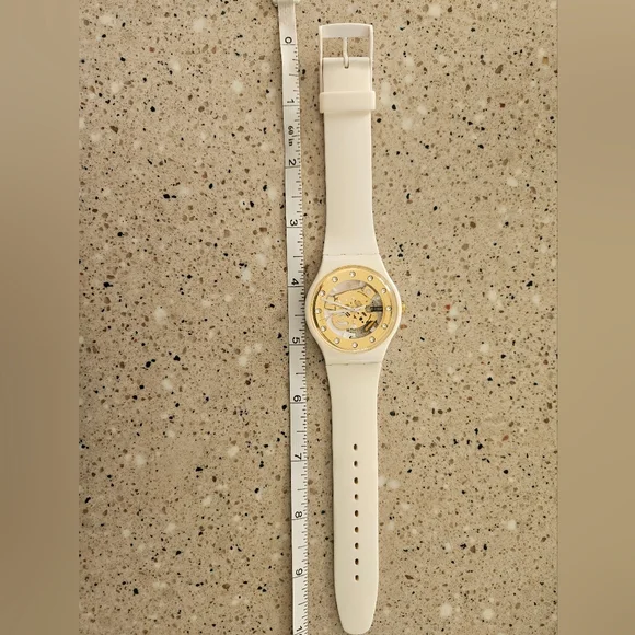 Swatch White Silicone Watch with Gold Transparent Dial and Swarovski Crystals - Picture 4 of 11